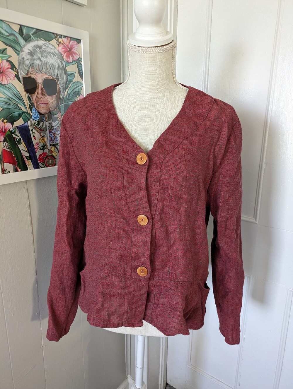 FLAX Linen Peplum Top Jacket Small Raspberry Color Coastal V Neck Lagenlook
